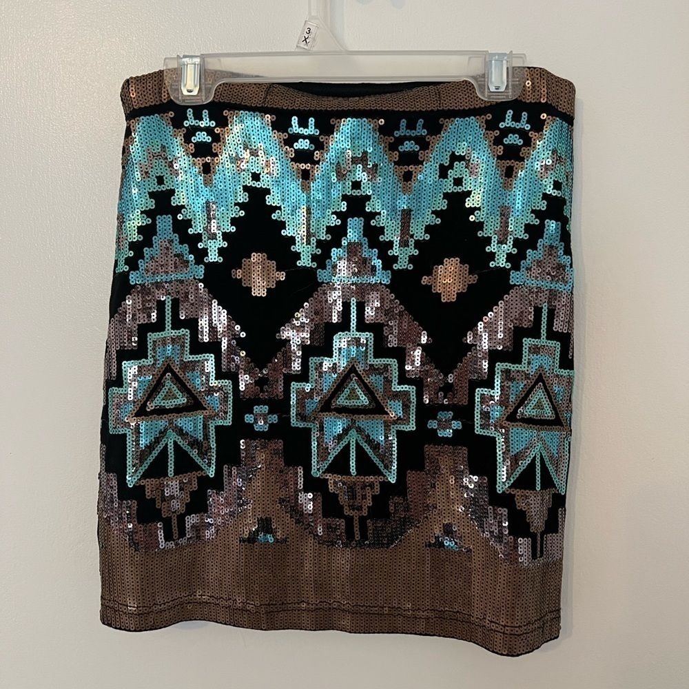 NWT Small Sequin Gold Turquoise and Black Mini Skirt Boho Vibe - Picture 8 of 12